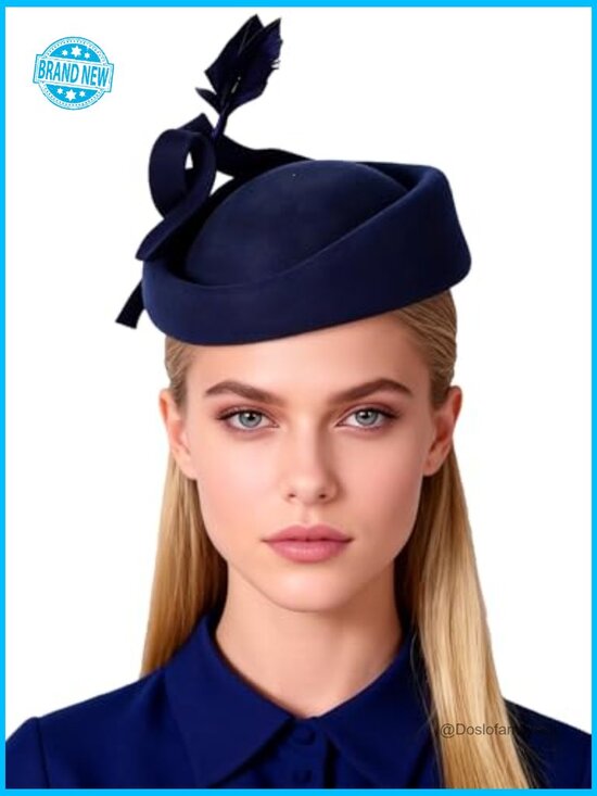 Wool Felt Fascinator Hat with Feather - Classic Formal Pillbox for Wedding Tea main image 4